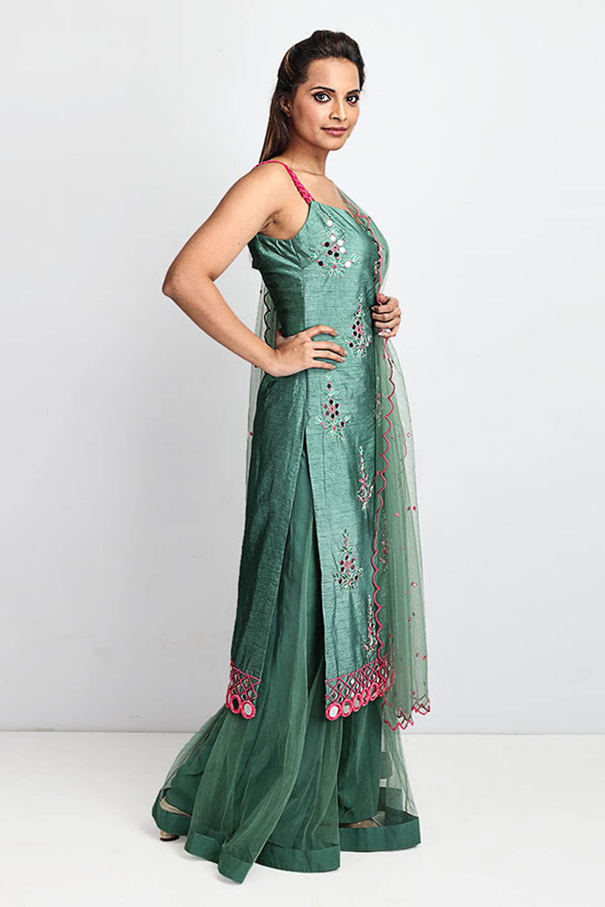 Green Mirror Work Kurta Set