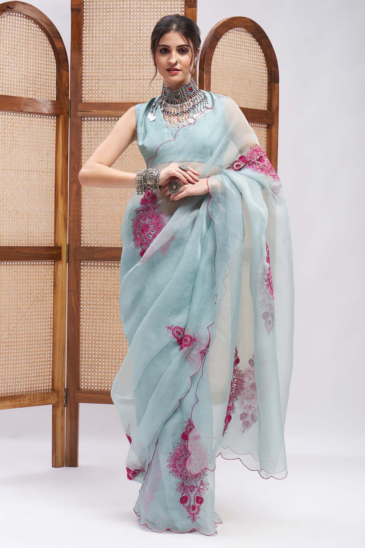 Resham Embroidered Blue Saree