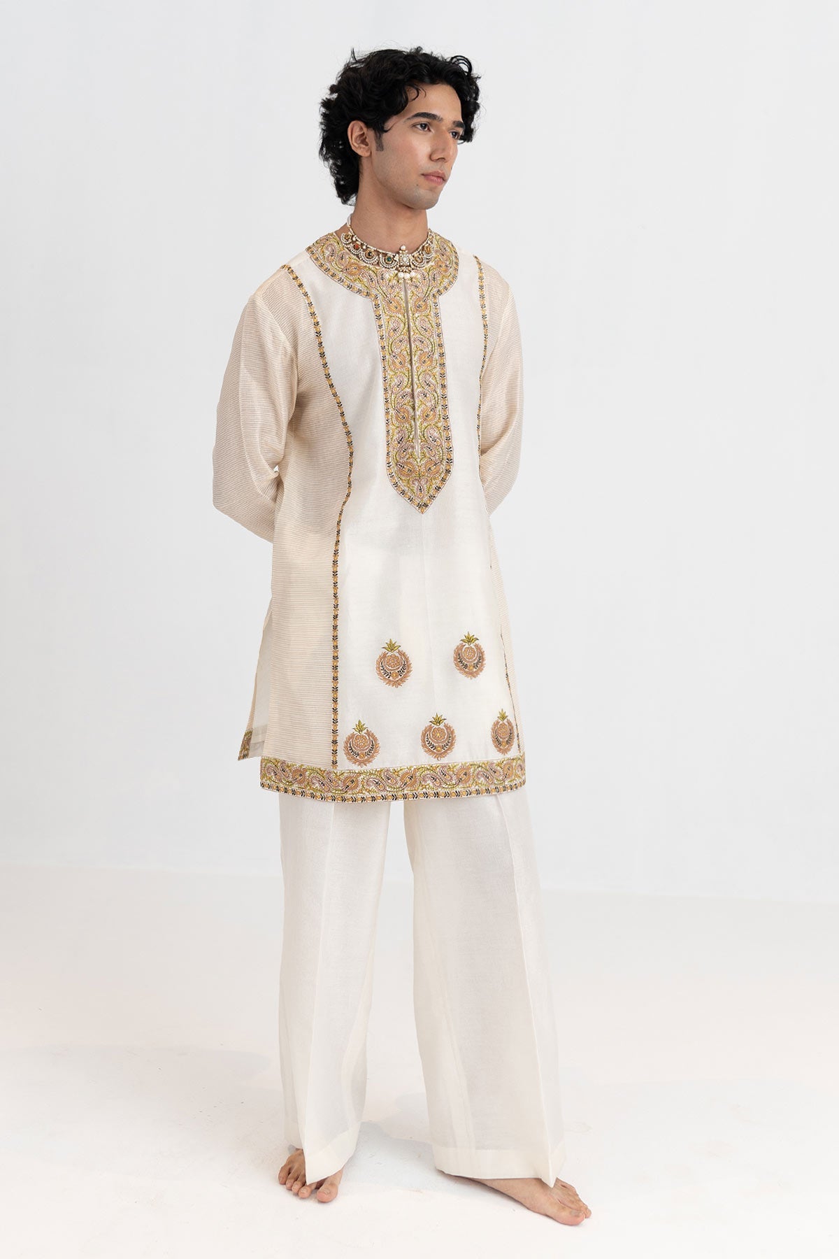 Buy Resham Ivory Kurta And Pants for men by Ajiesh Oberoi online available at scrollnshops