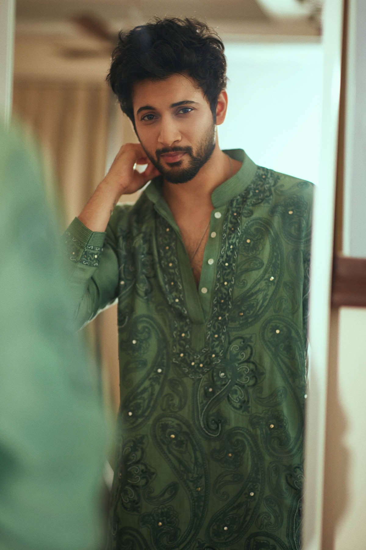 Moss Green Chanderi Paisley Kurta Set