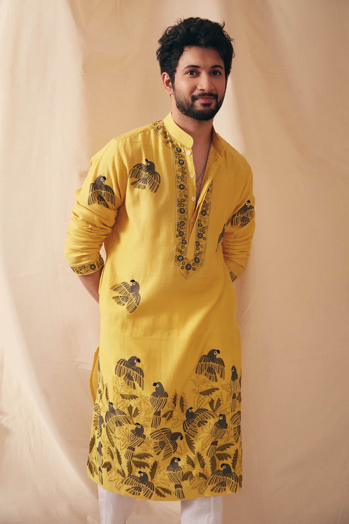 Mustard Parrot Chanderi Kurta Set