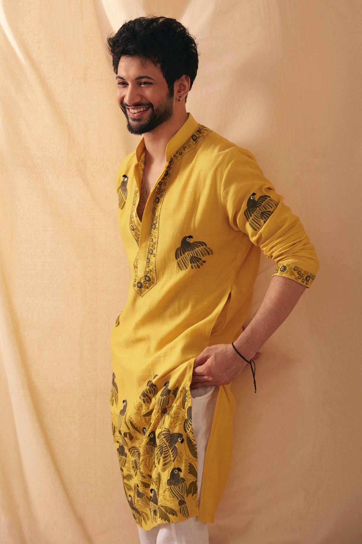 Mustard Parrot Chanderi Kurta Set