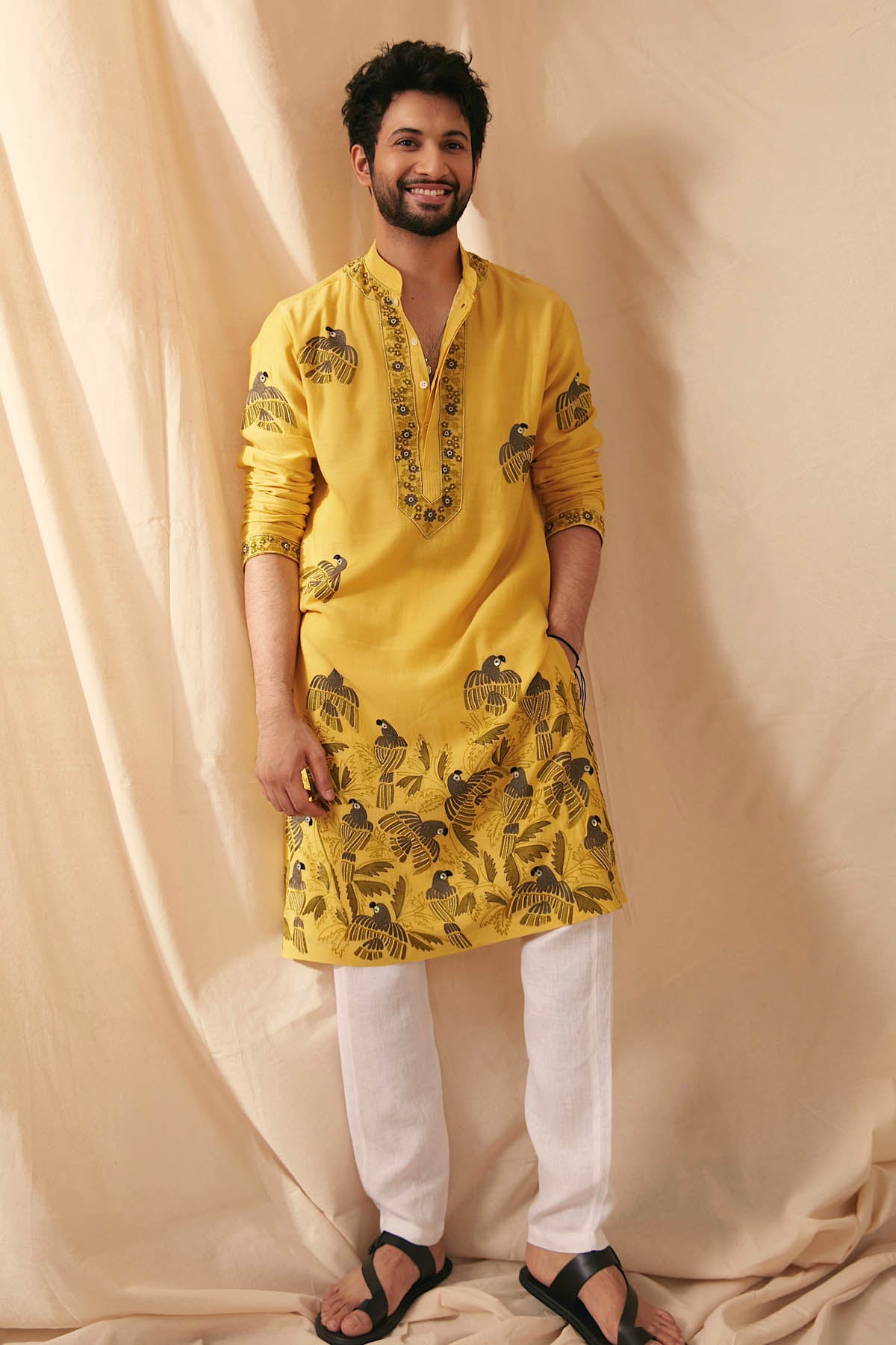 Mustard Parrot Chanderi Kurta Set