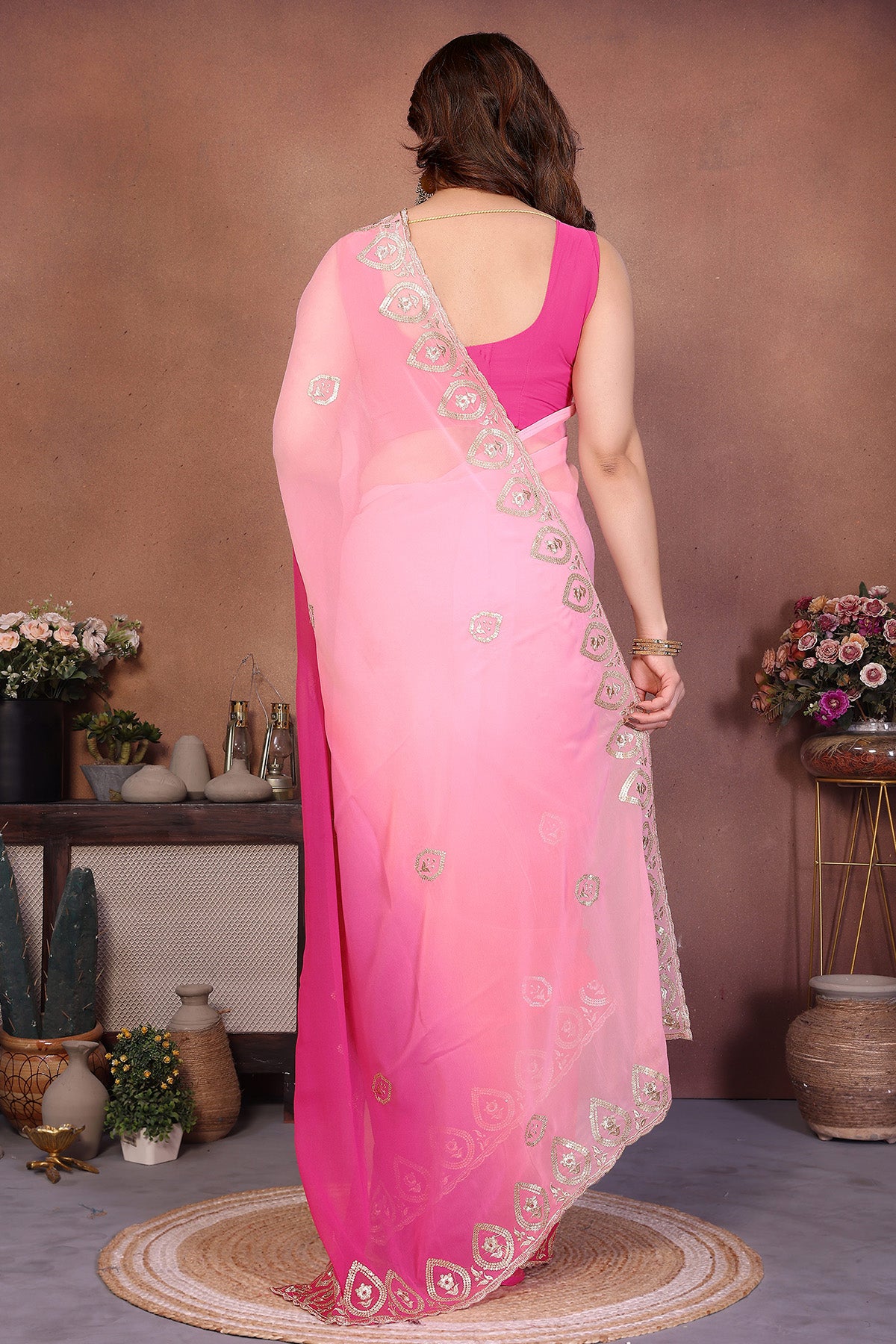 Rose Georgette Embroidery Saree