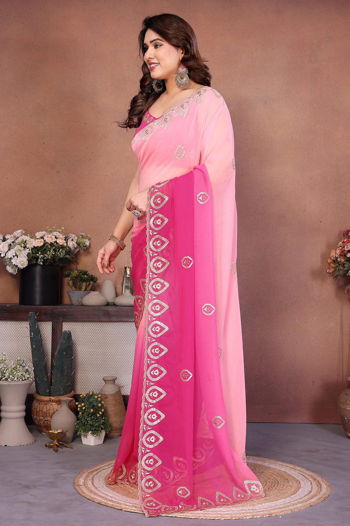 Rose Georgette Embroidery Saree