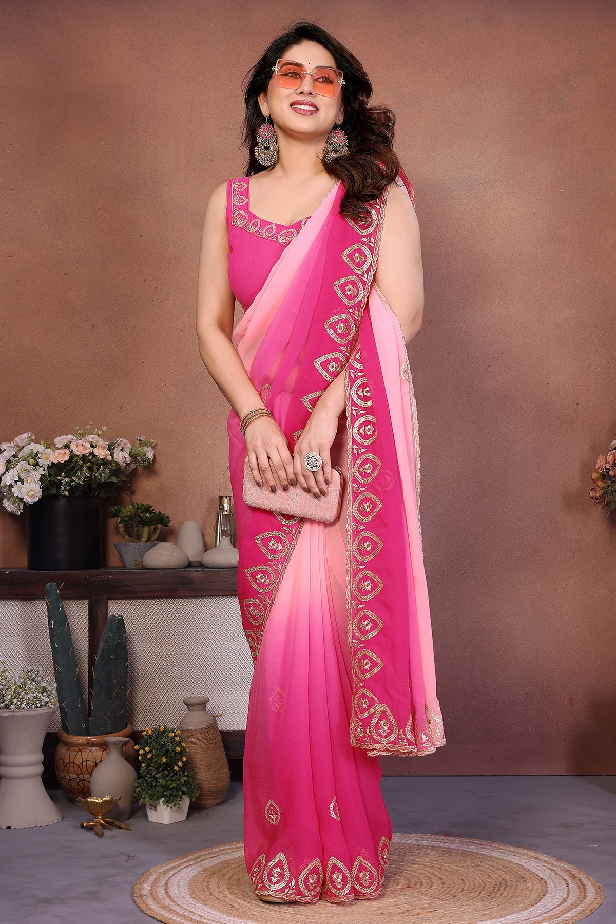 Rose Georgette Embroidery Saree