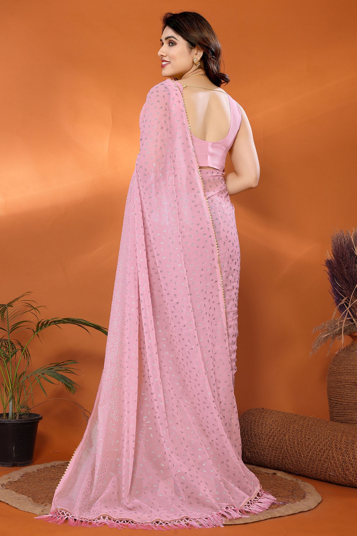Rose Georgette Foil Work Saree