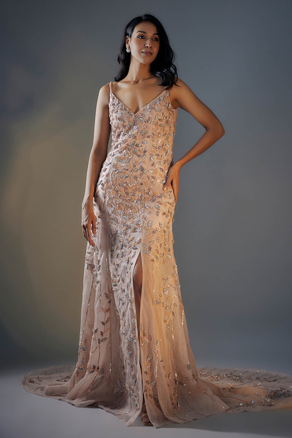 Buy Rose Gold 3D Embroidered Gown by Masumi Mewawalla for women online at ScrollnShops