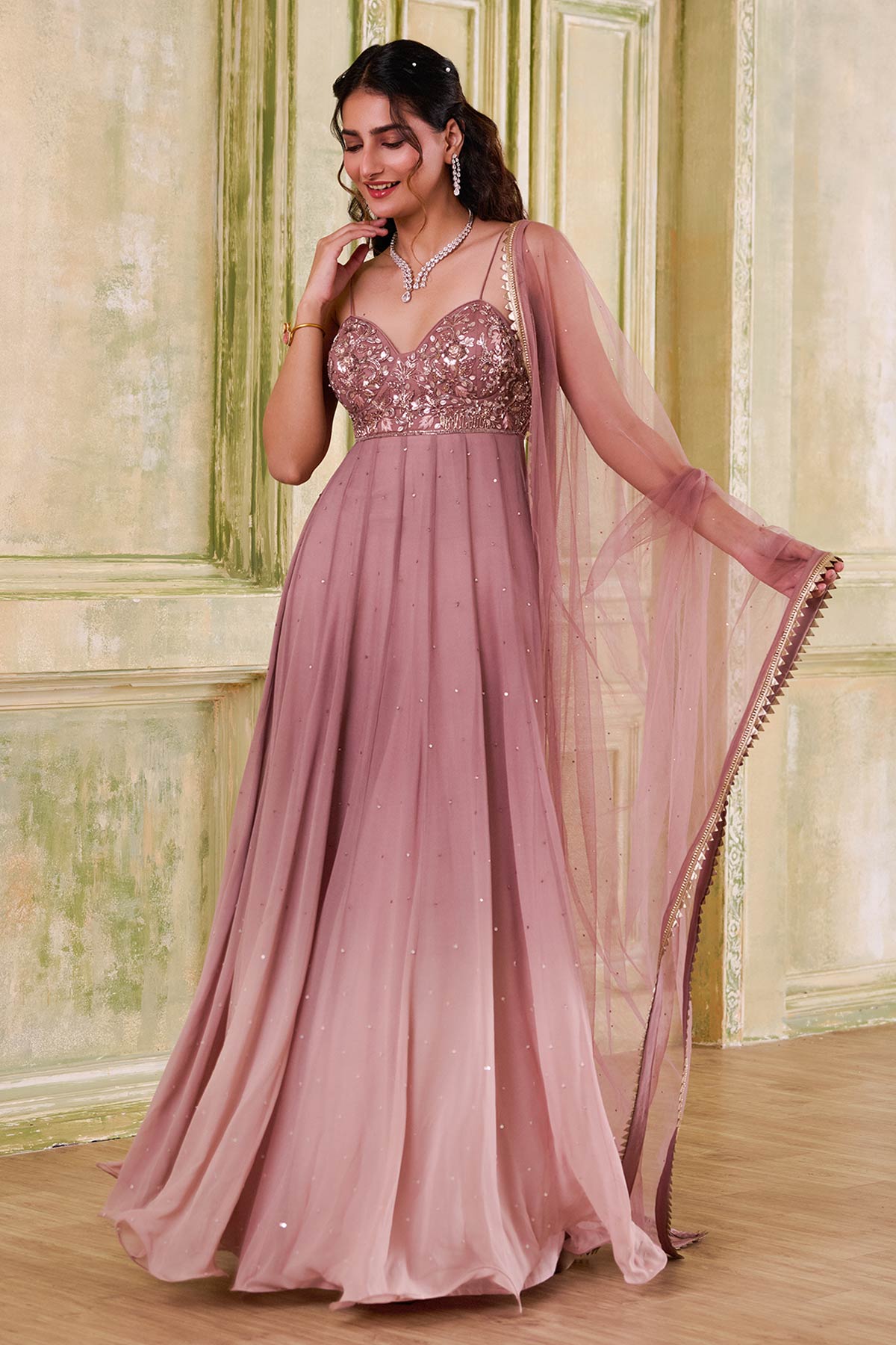 Buy Rose Gold Dabka Anarkali Set for women by Mudita by Urmila online available at scrollnshops