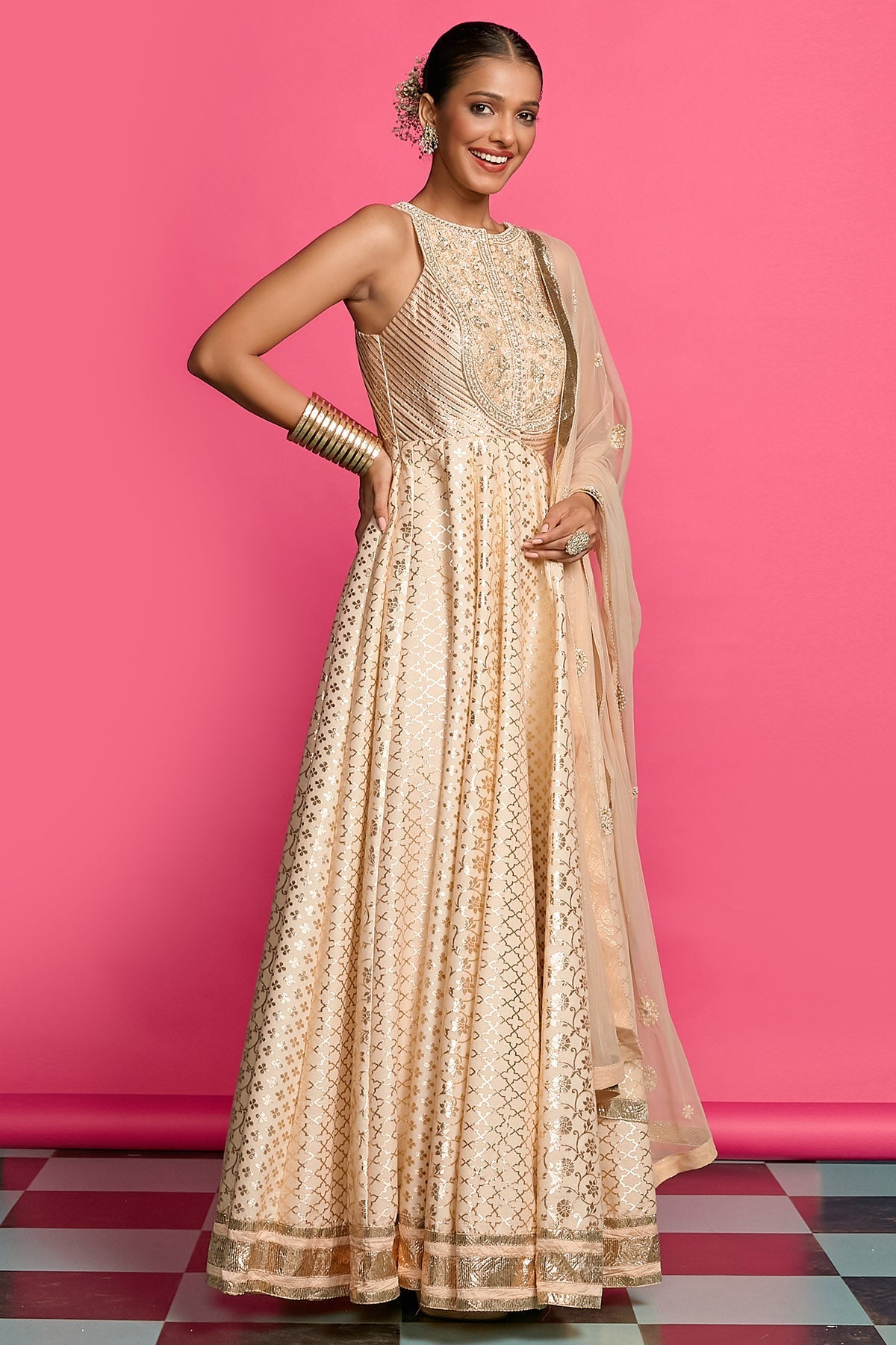 Buy Rose Gold Pearl Anarkali Set for women by Priyanka Jain online available at scrollnshops