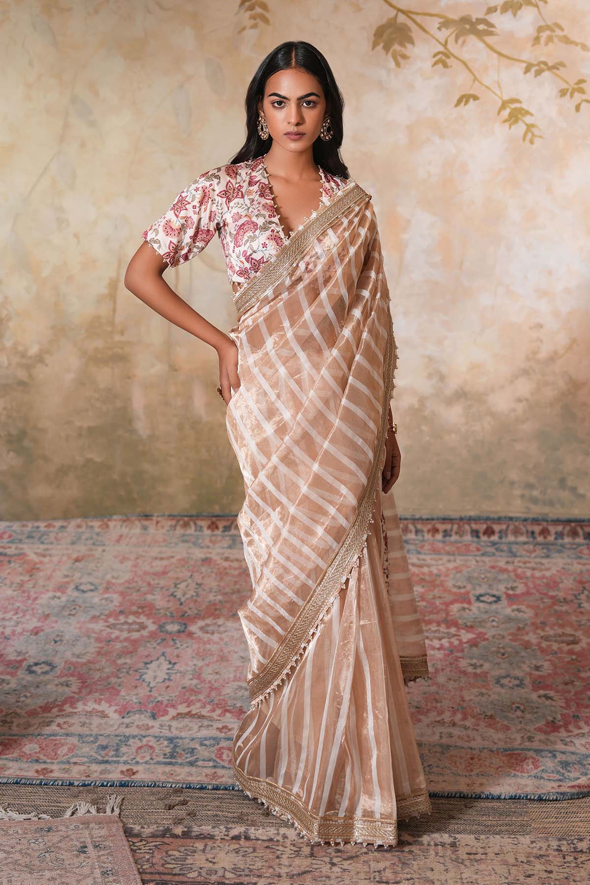 Buy Rose Gold Printed Gota Saree by Ugna by Unnati for women online at ScrollnShops