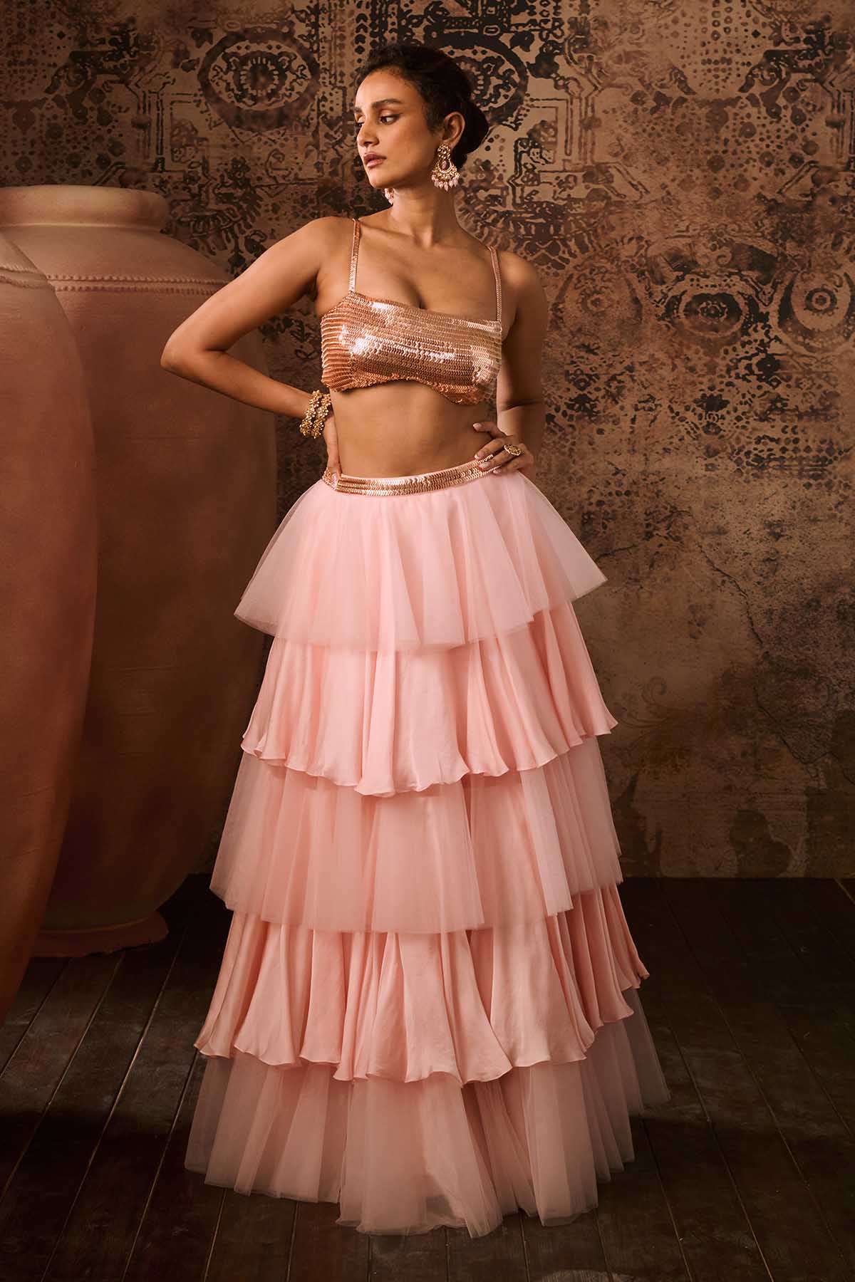 Buy Rose Gold Top & Layered Skirt by Masumi Mewawalla for women online at ScrollnShops