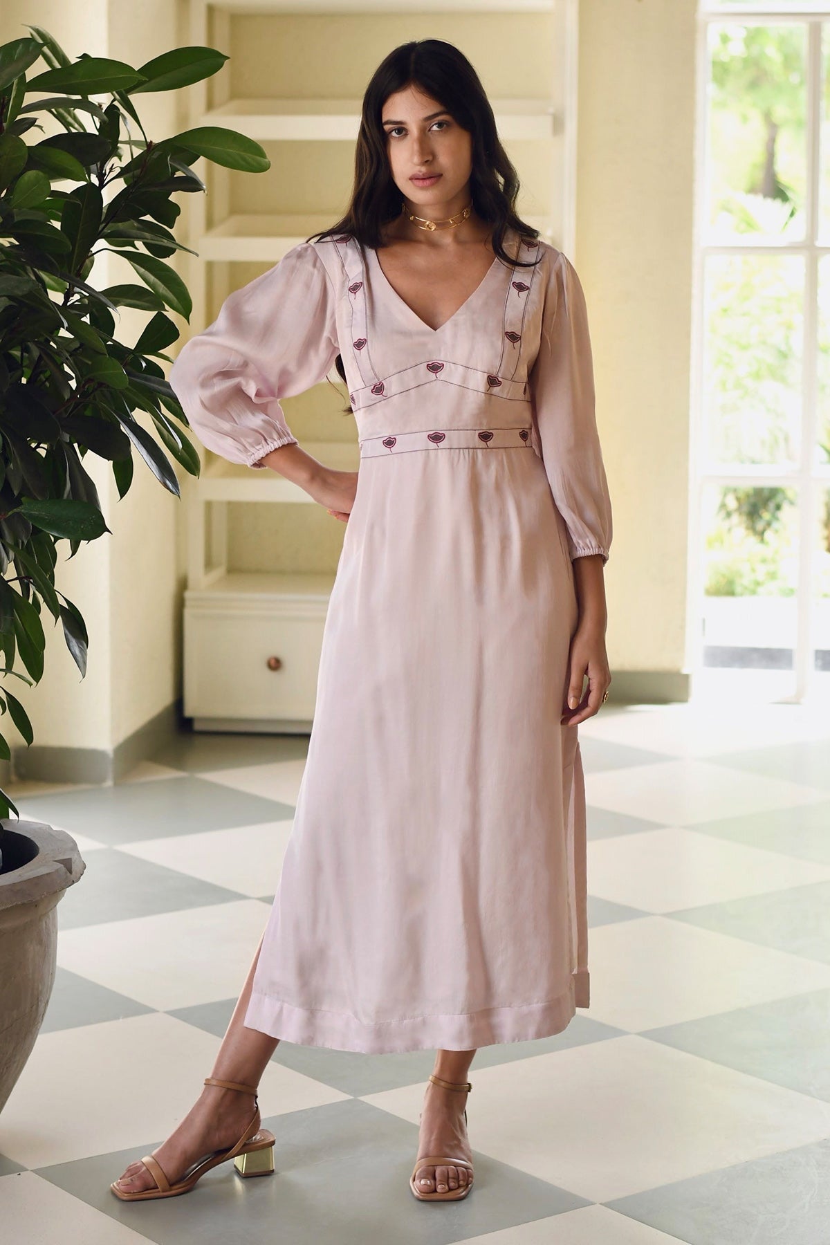 Buy Rose Pink Deep V-Neck Dress by Taro India for Women online at ScrollnShops