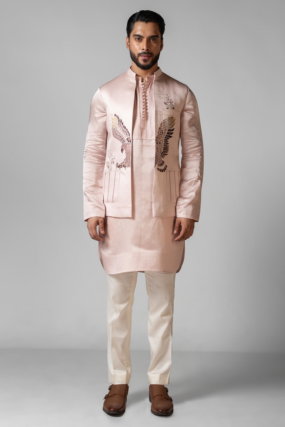 Buy Rose Pink Eagle Motif Kurta Set for men by Paarsh Atelier online available at scrollnshops