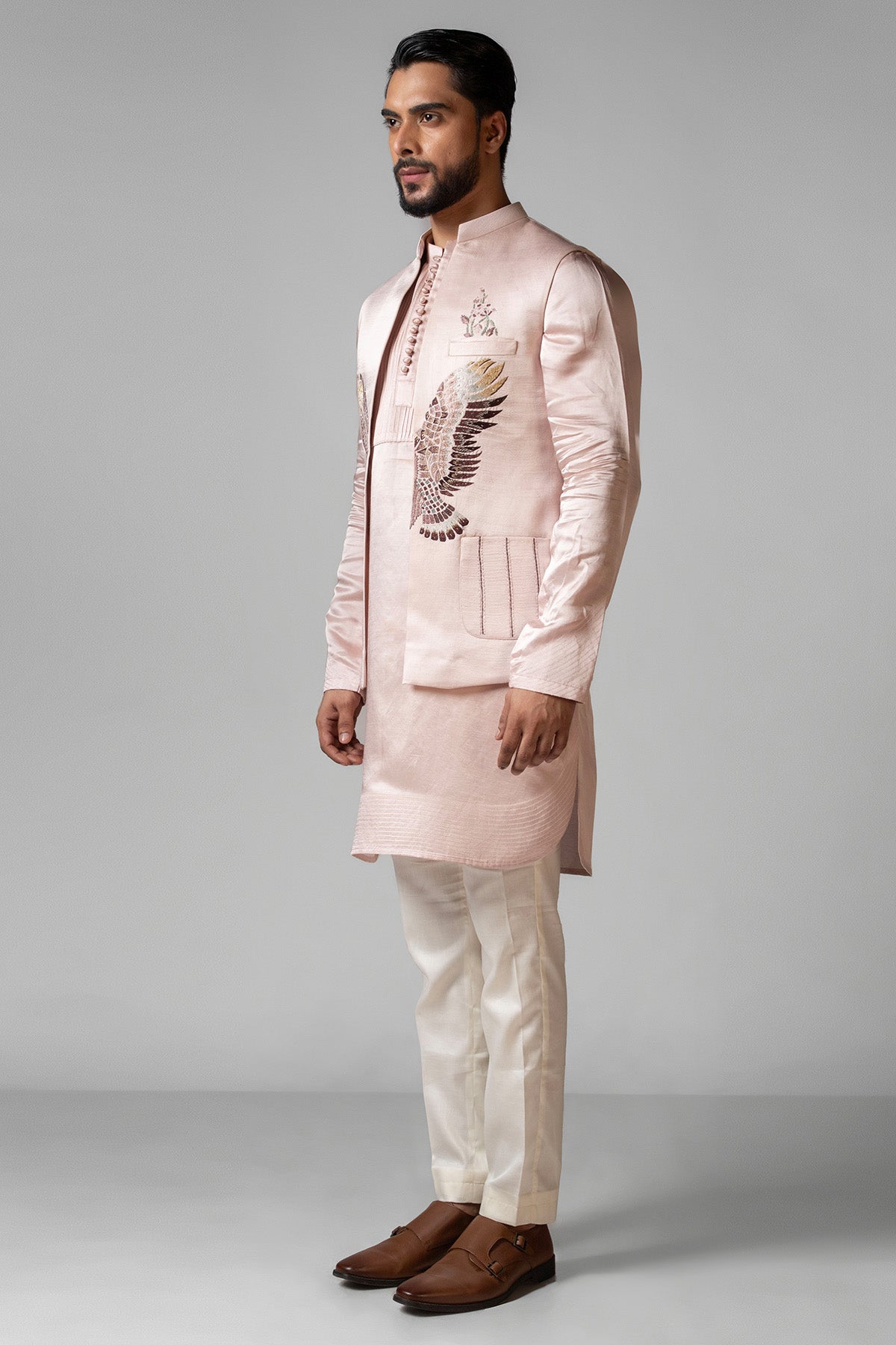 Rose Pink Eagle Motif Kurta Set