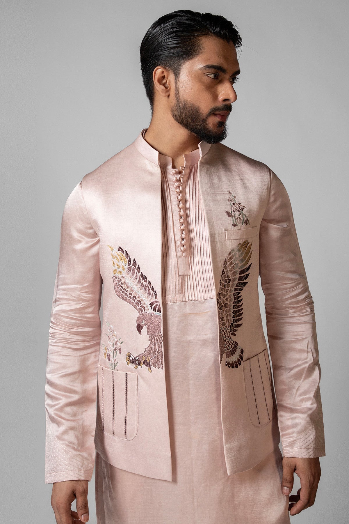 Rose Pink Eagle Motif Kurta Set