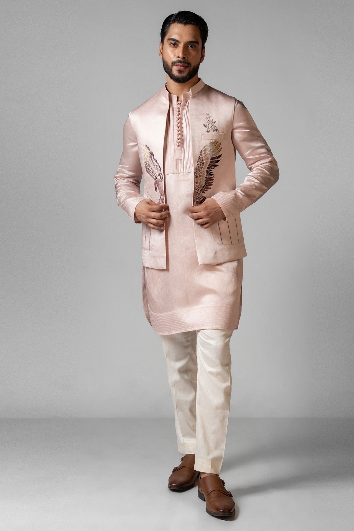 Rose Pink Eagle Motif Kurta Set