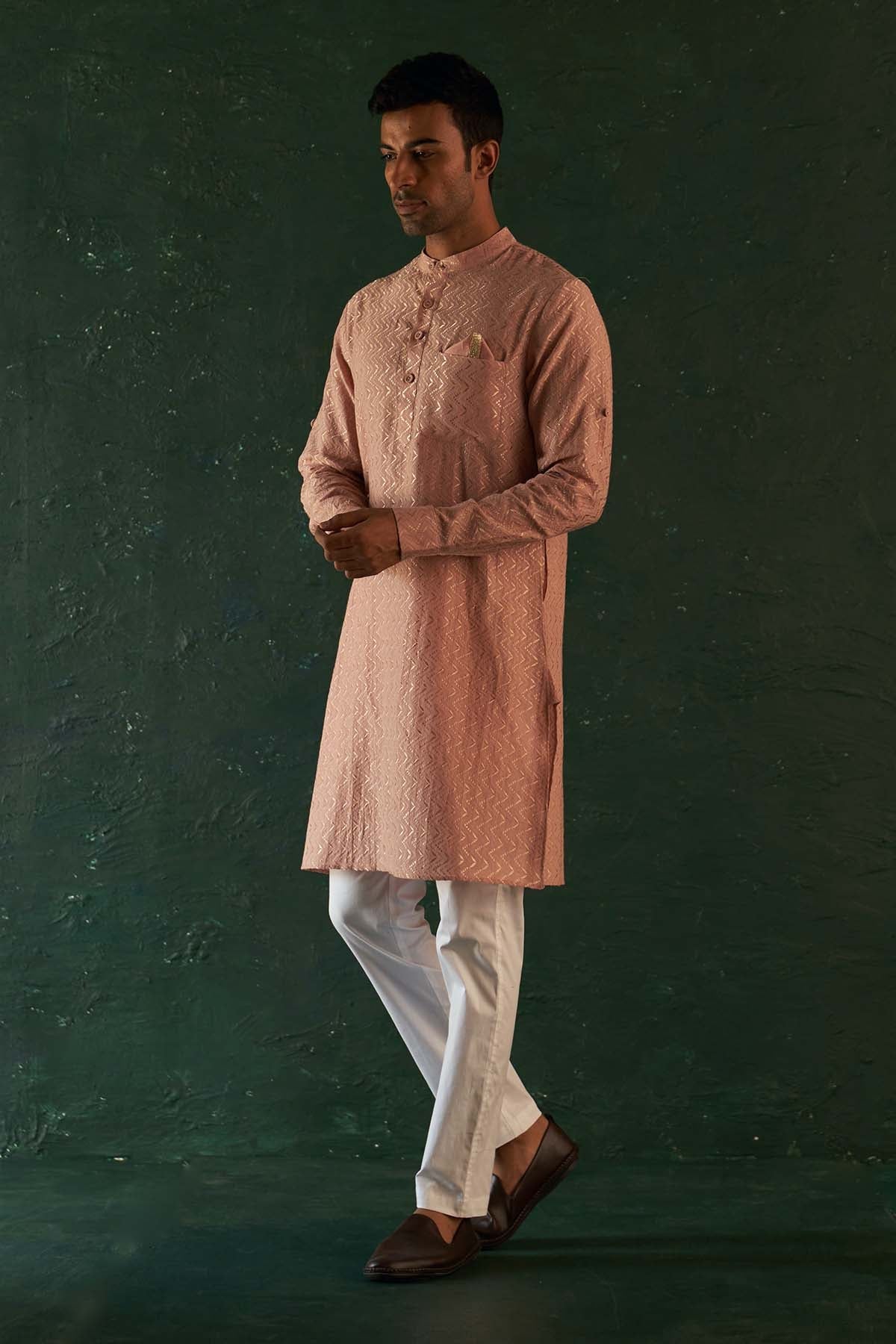 Buy Embroidered Rose Pink Kurta Set by Charkhee for men online at ScrollnShops