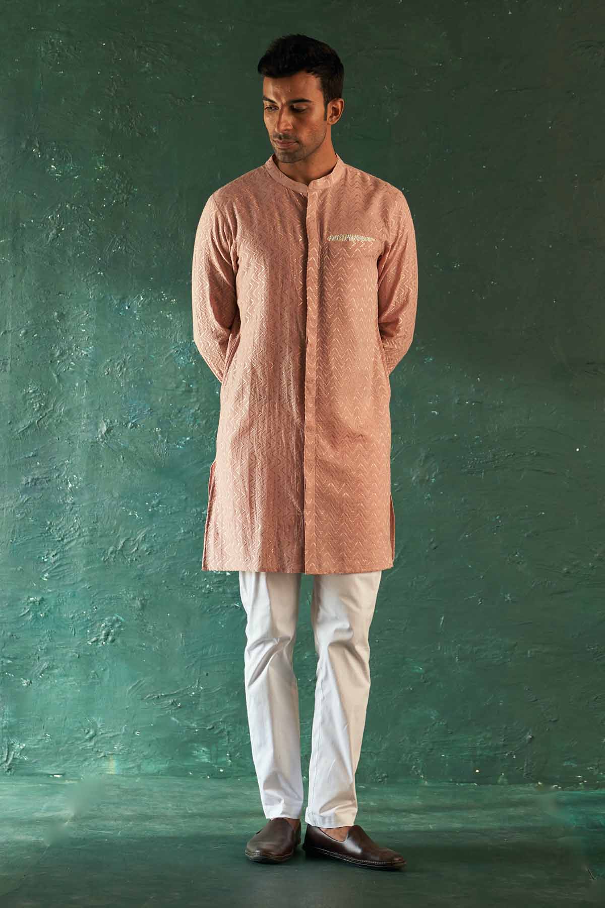 Buy Rose Pink Gota Detail Kurta Set by Charkhee for men online at ScrollnShops