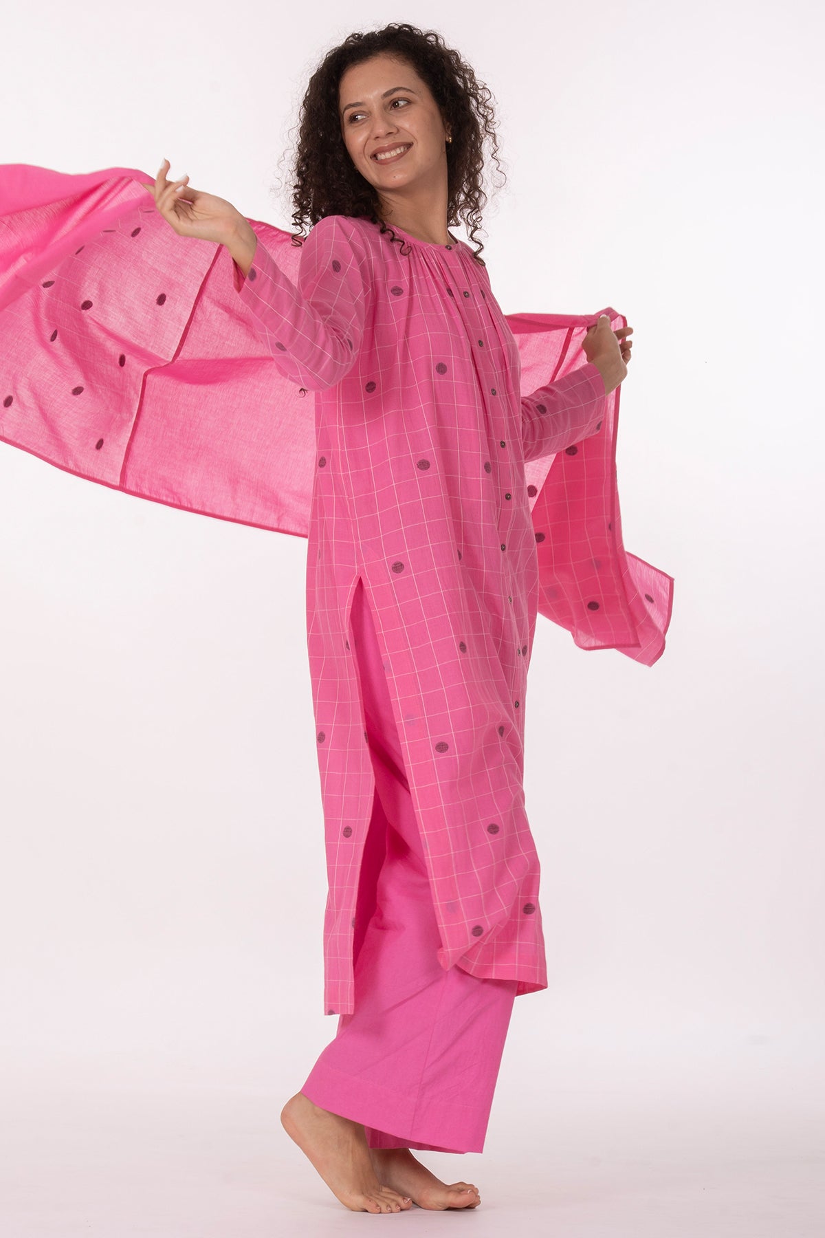 Rose Pink Hand Cotton Kurta Set