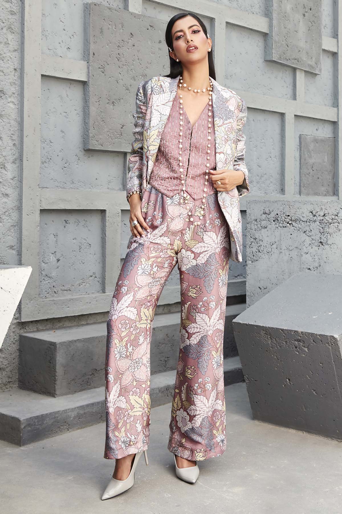 Designer Ranian Rose pink silk satin printed pant suit with straight pants, embroidered waist coat and jacket For women Online at ScrollnShops