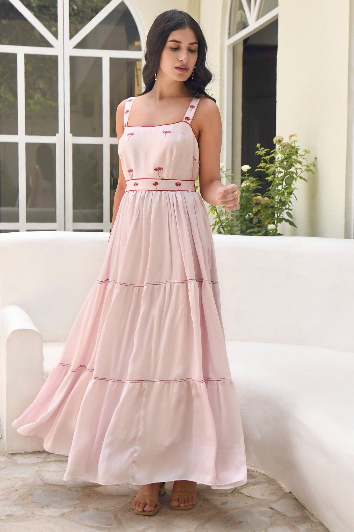 Rose Pink Strappy Tiered Dress