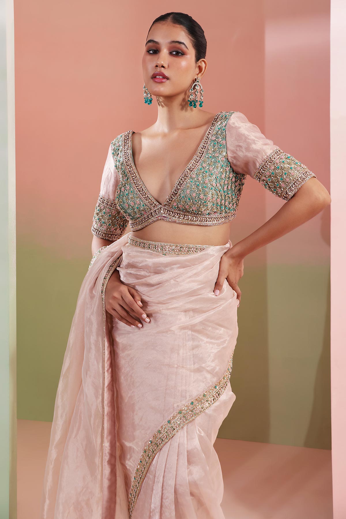 Rose Pink Thread & Dabka Saree