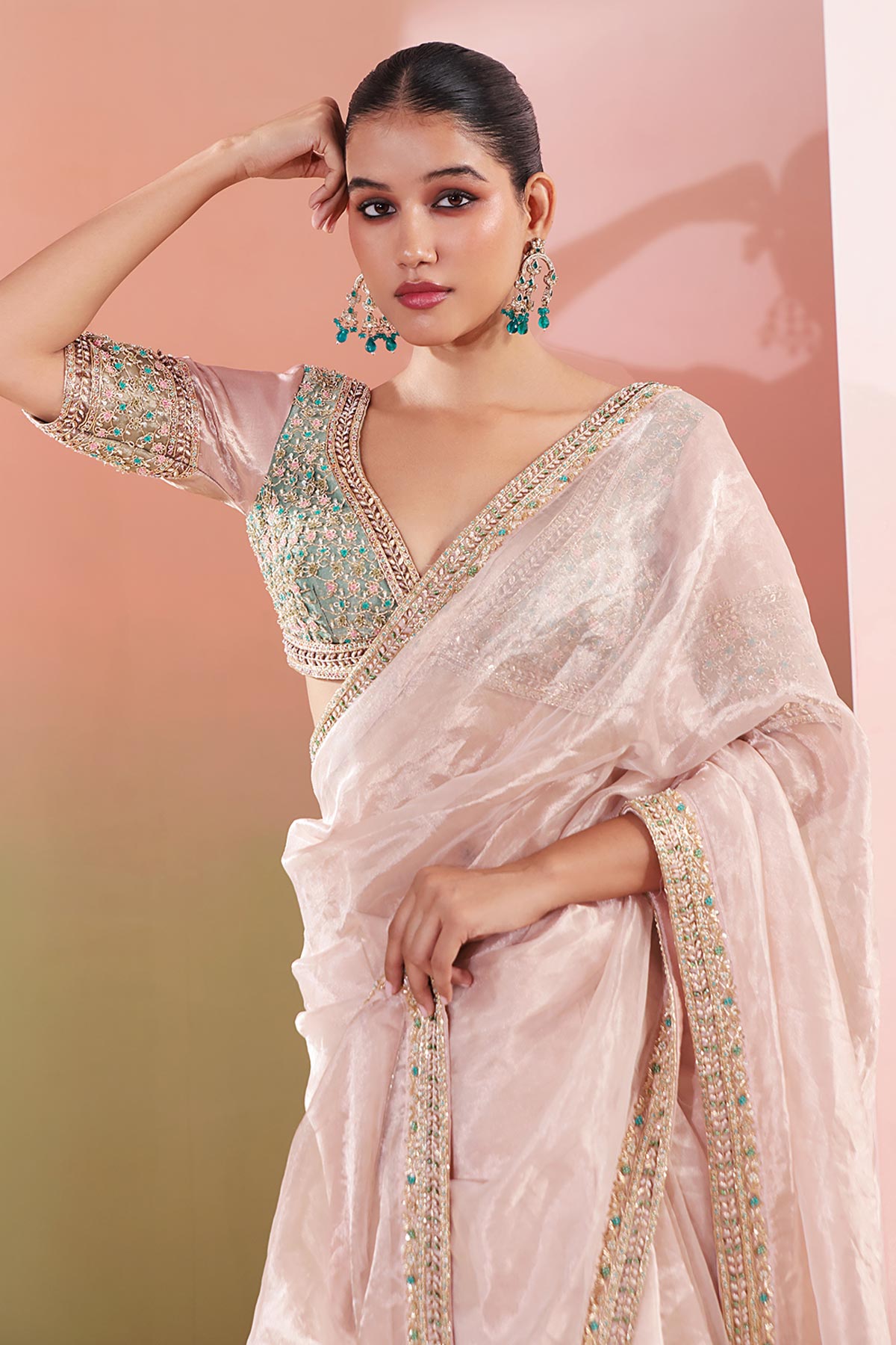 Rose Pink Thread & Dabka Saree