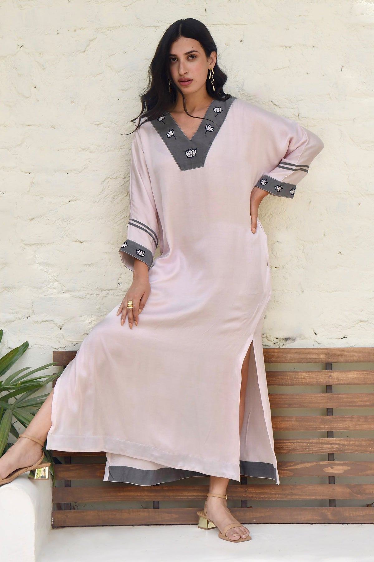 Buy Rose Pink V-Neck Long Kaftan by Taro India for Women online at ScrollnShops