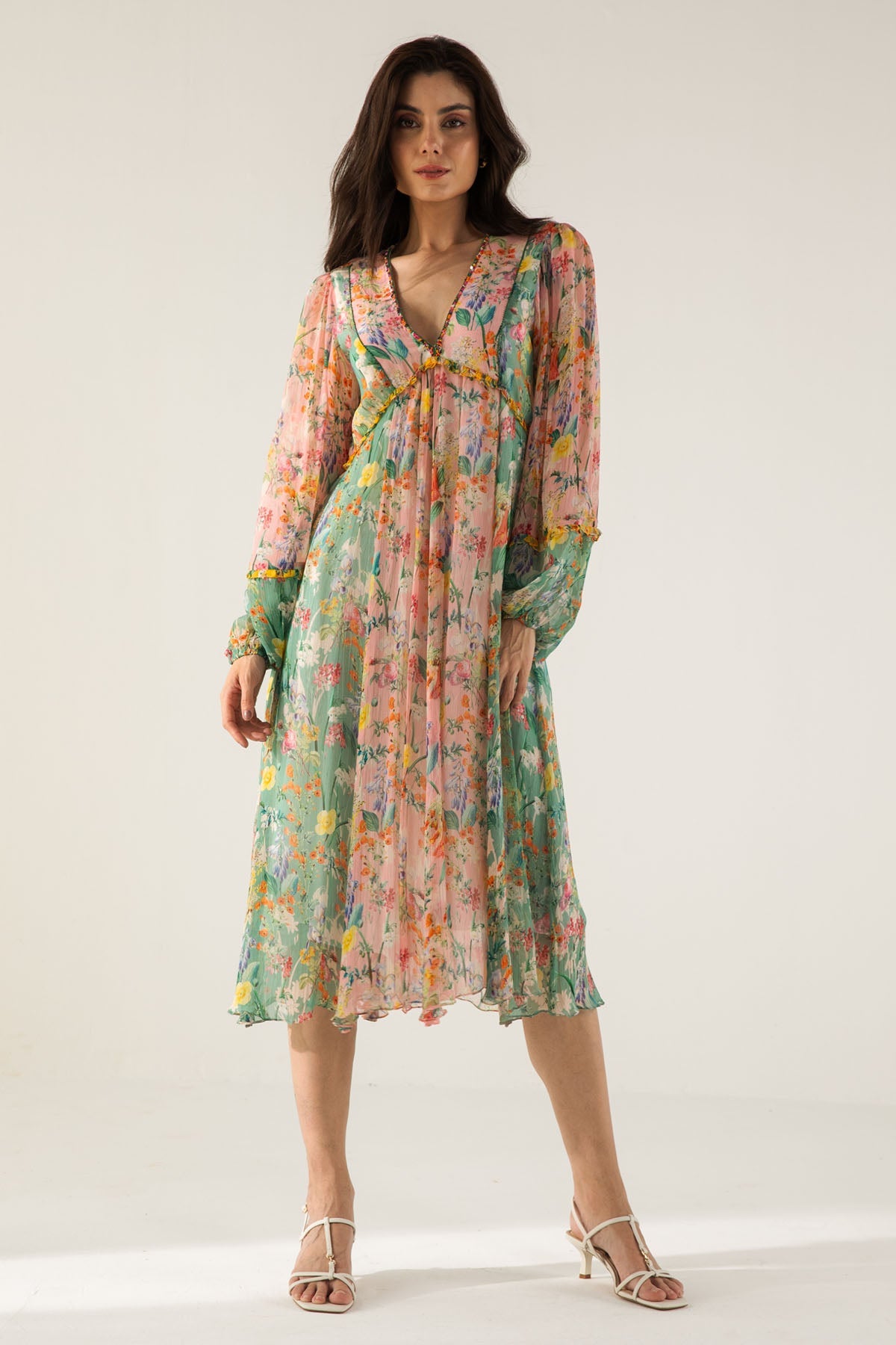 Reena Sharma Rose & Sage V-Neck Midi Dress For Women Online at ScrollnShops