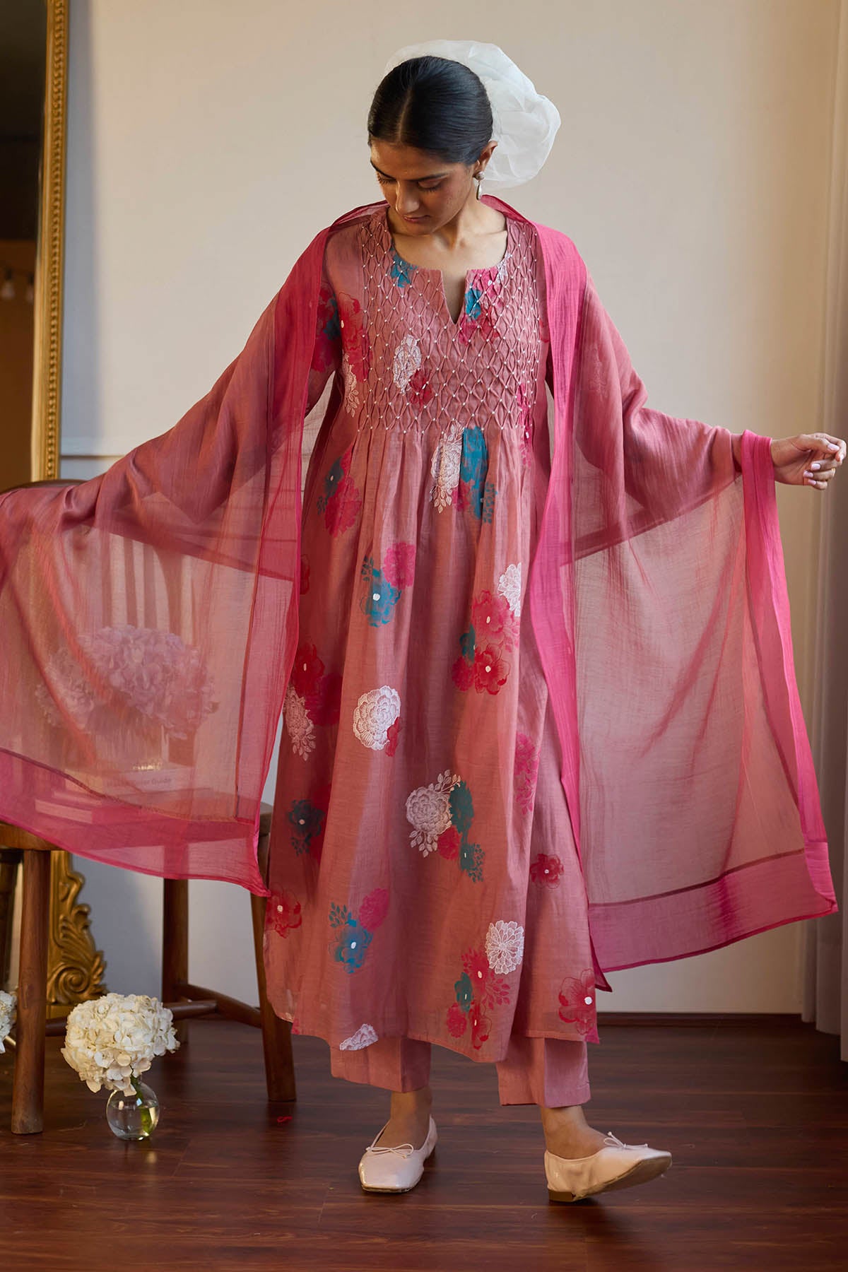 Rose Smocked Chanderi Kurta Set