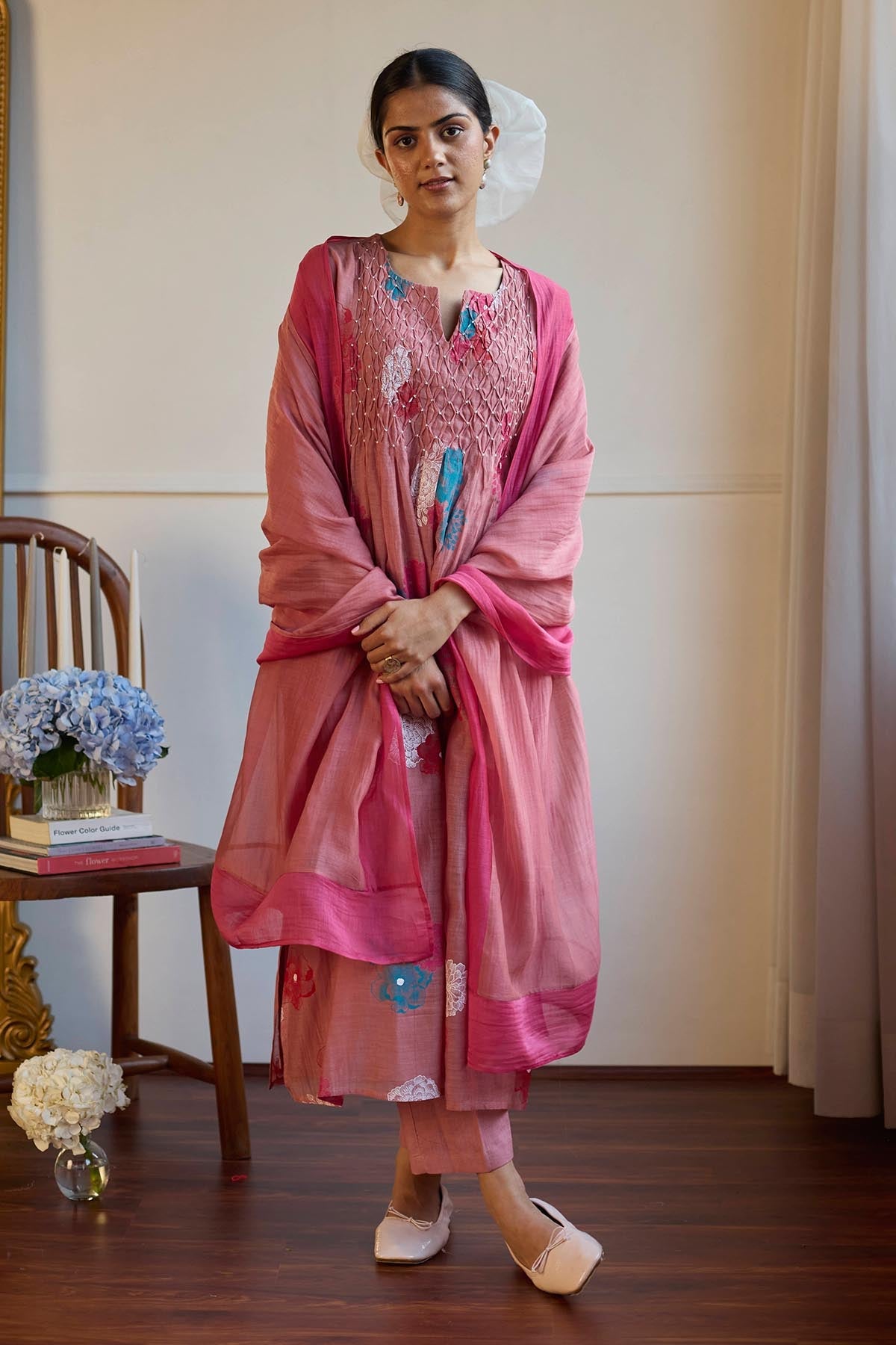 Buy Rose Smocked Chanderi Kurta Set by Juanita by Shubhda for women online at ScrollnShops