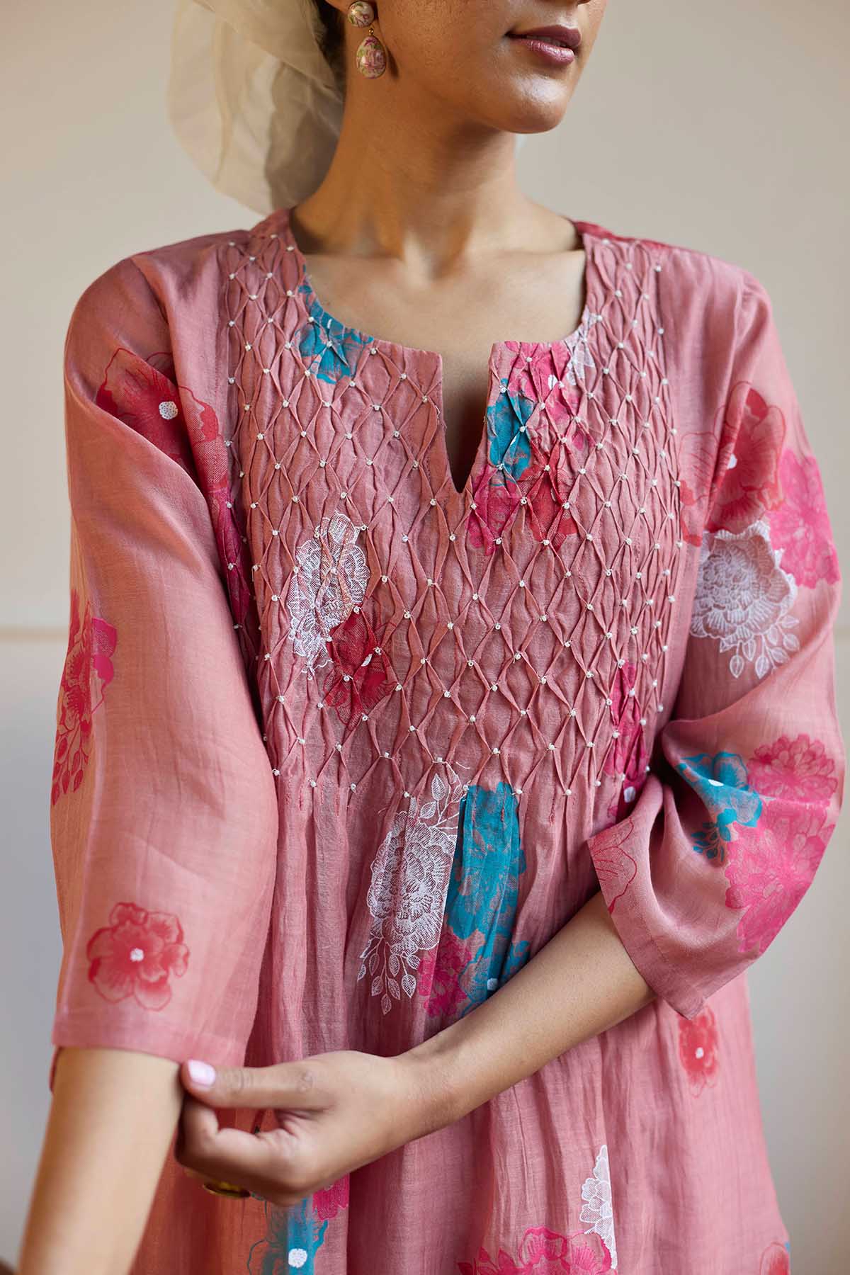 Rose Smocked Chanderi Kurta Set