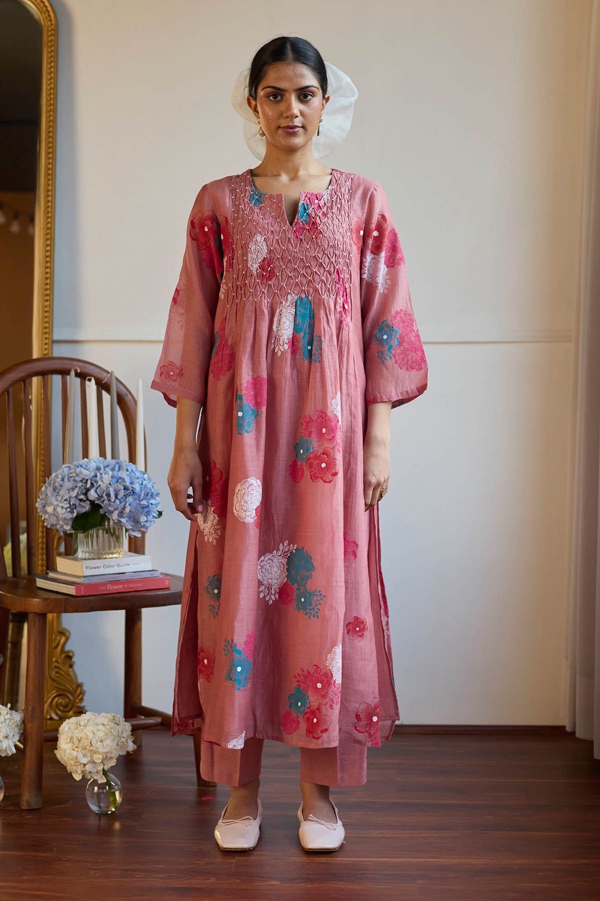 Rose Smocked Chanderi Kurta Set