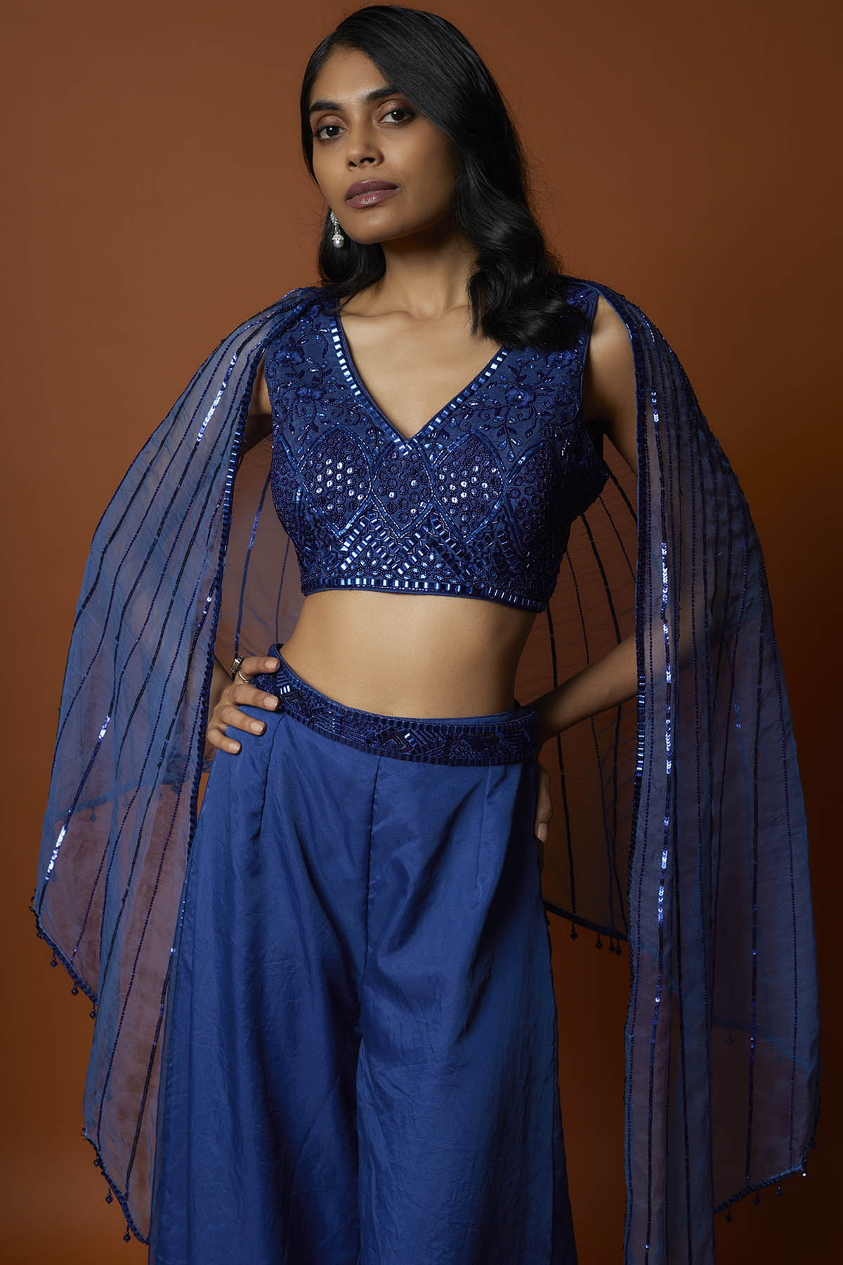 Royal Blue Embroidered Cape Set