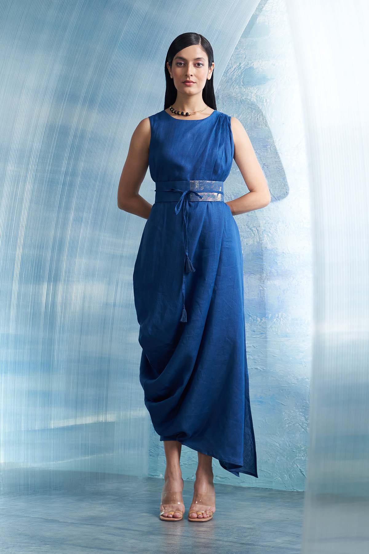 Buy Royal Blue Drape Dress & Belt by Charkhee for women online at ScrollnShops