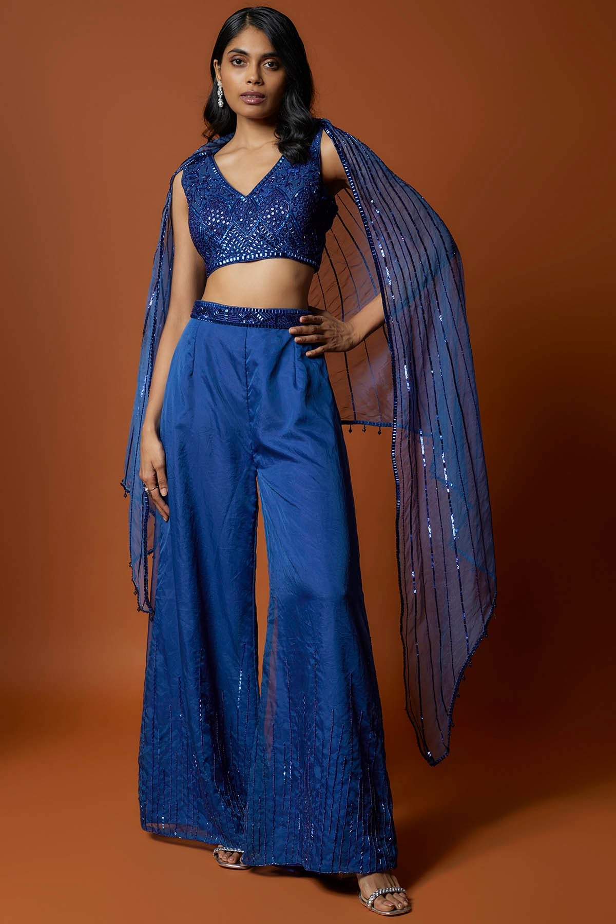 Mehak Murpana Royal Blue Embroidered Cape Set for Women Online at ScrollnShops