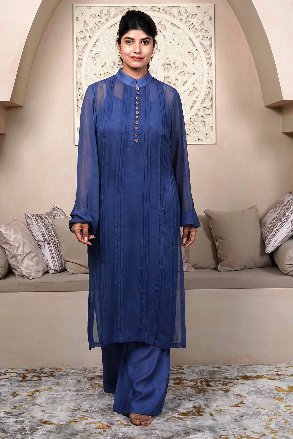 Imrie Royal Blue Georgette Kurta Set for women online at ScrollnShops