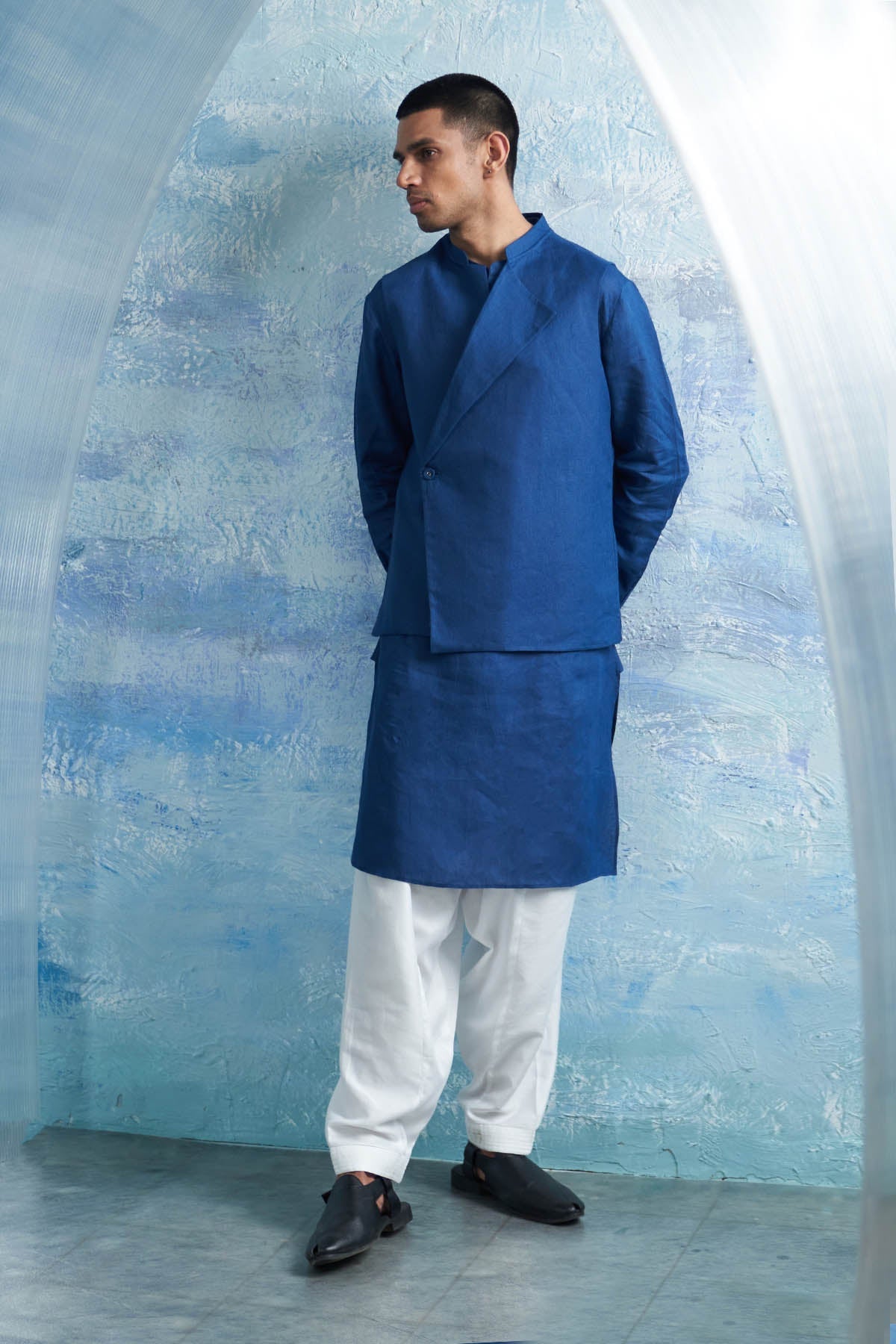 Buy Royal Blue Linen Overlape Jacket by Charkhee for men online at ScrollnShops