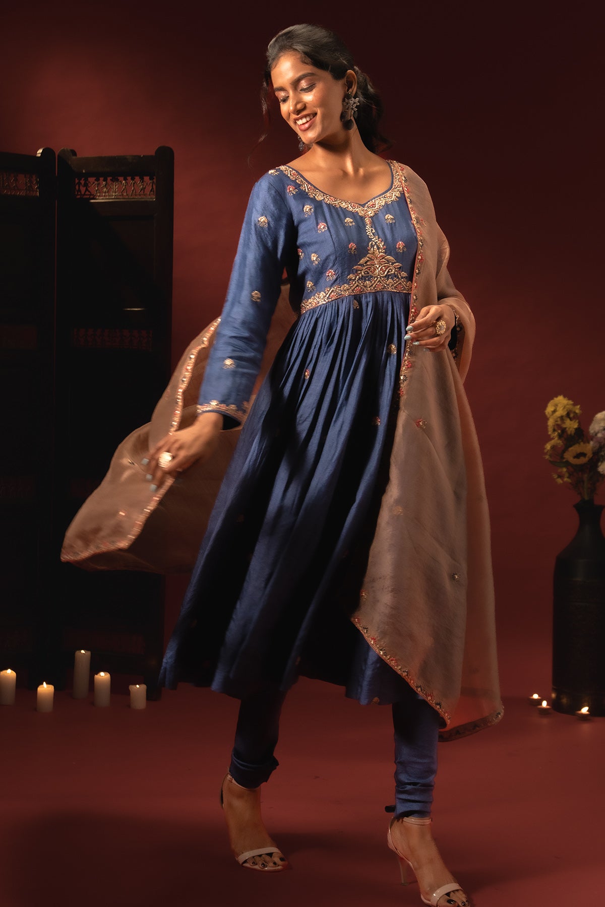 Royal Blue Silk Anarkali Set