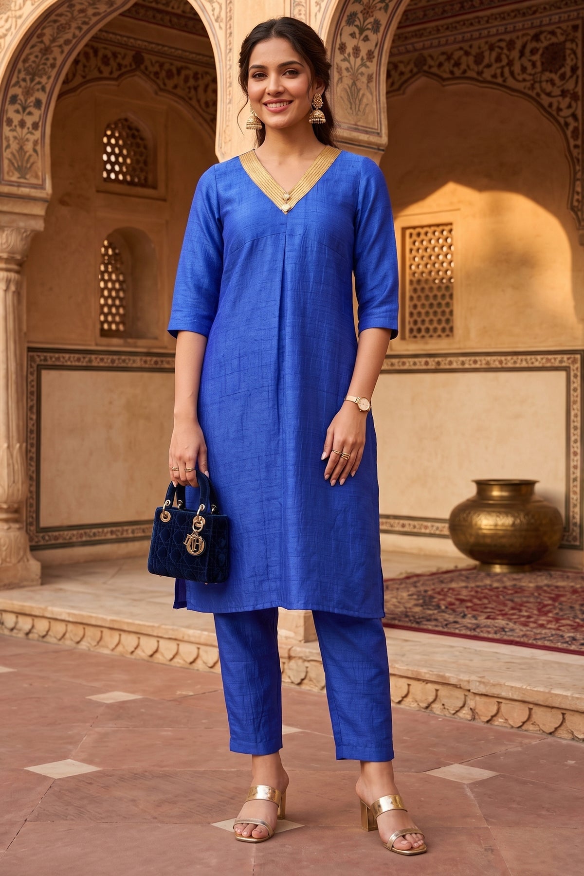 Buy Royal Blue Silk Pleat Kurta Set for women by Sneha B online available at scrollnshops