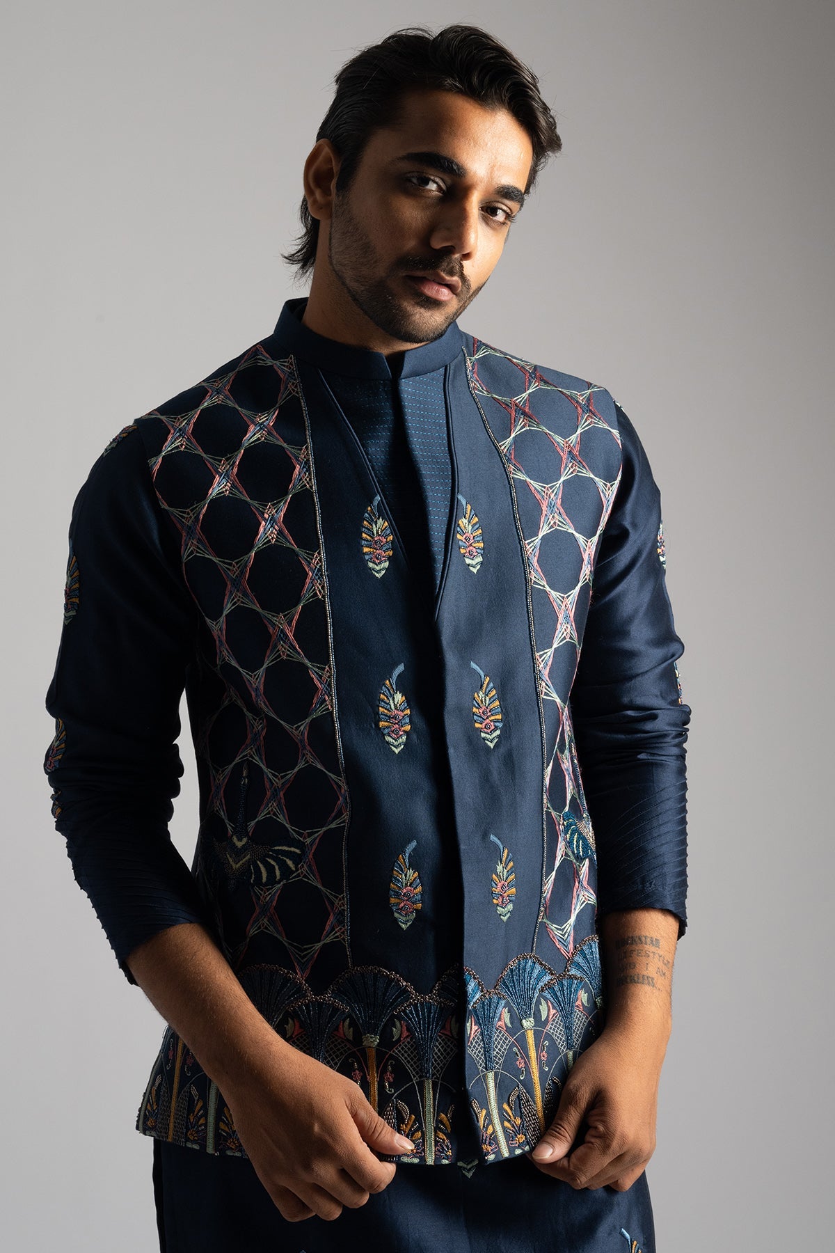 Buy Royal Blue Thread Bundi Jacket for men by Paarsh Atelier online available at scrollnshops