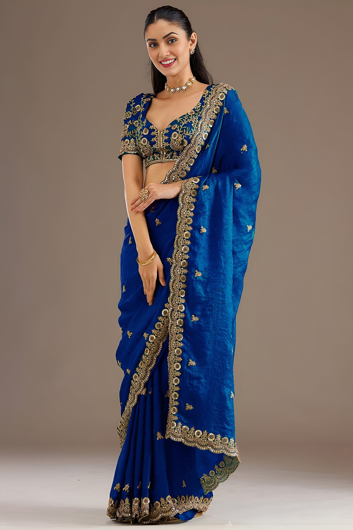 Royal Blue Tissue Pearl Saree