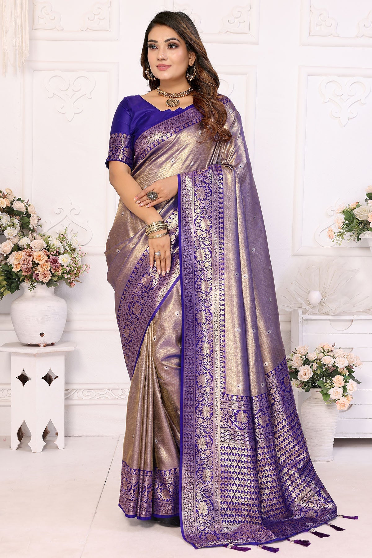 Buy Royal Blue Tissue Silk Saree for women by Aastha Fashion online available at scrollnshops