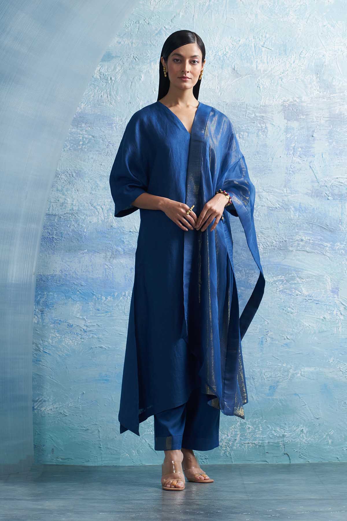 Buy Royal Blue V-Neck Long Kurta Set by Charkhee for women online at ScrollnShops