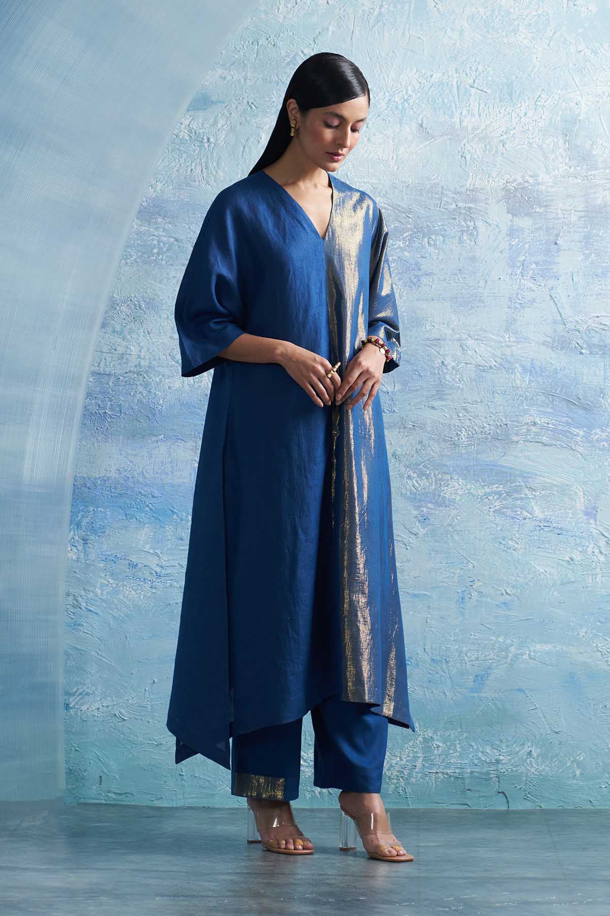 Royal Blue V-Neck Long Kurta Set