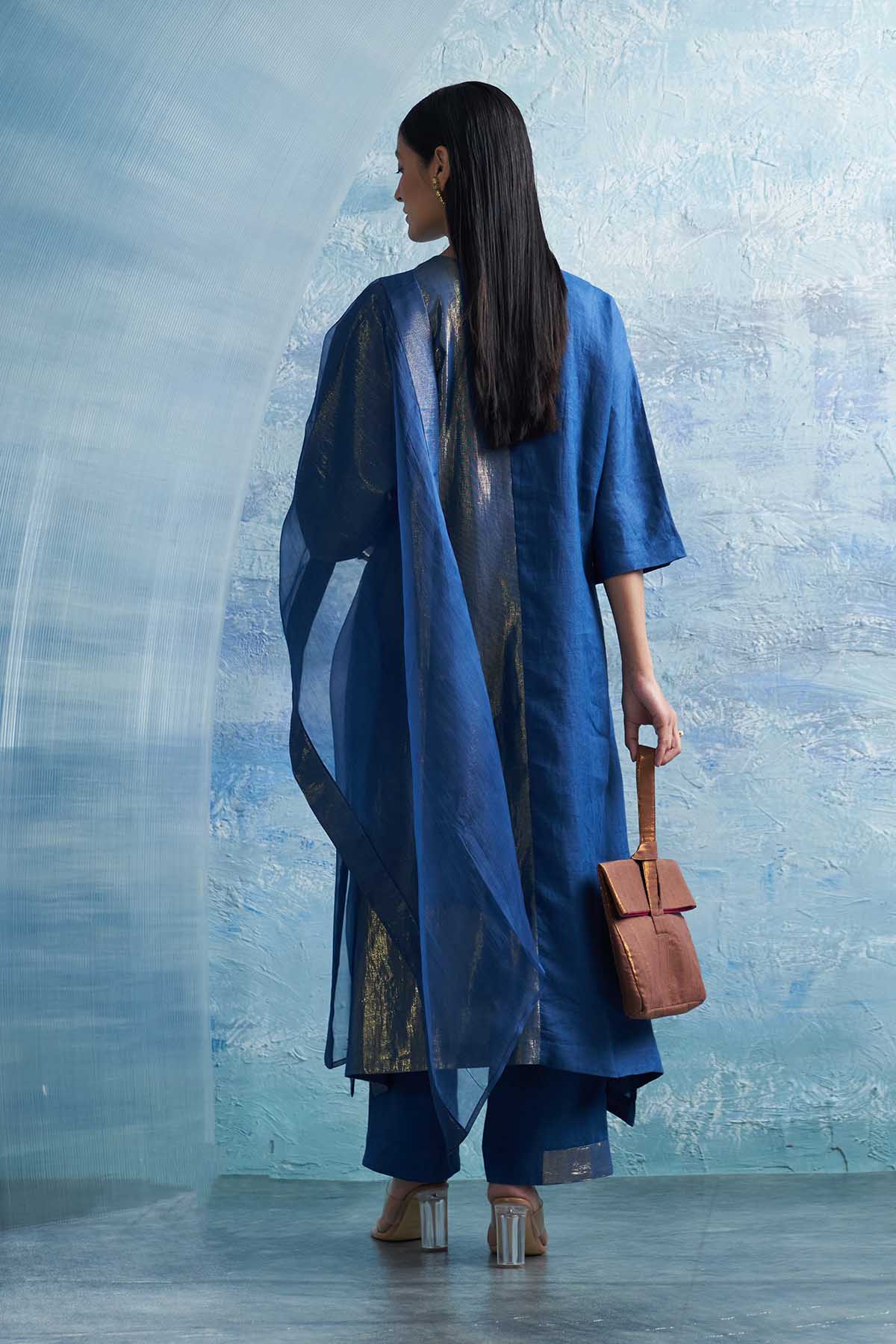Royal Blue V-Neck Long Kurta Set