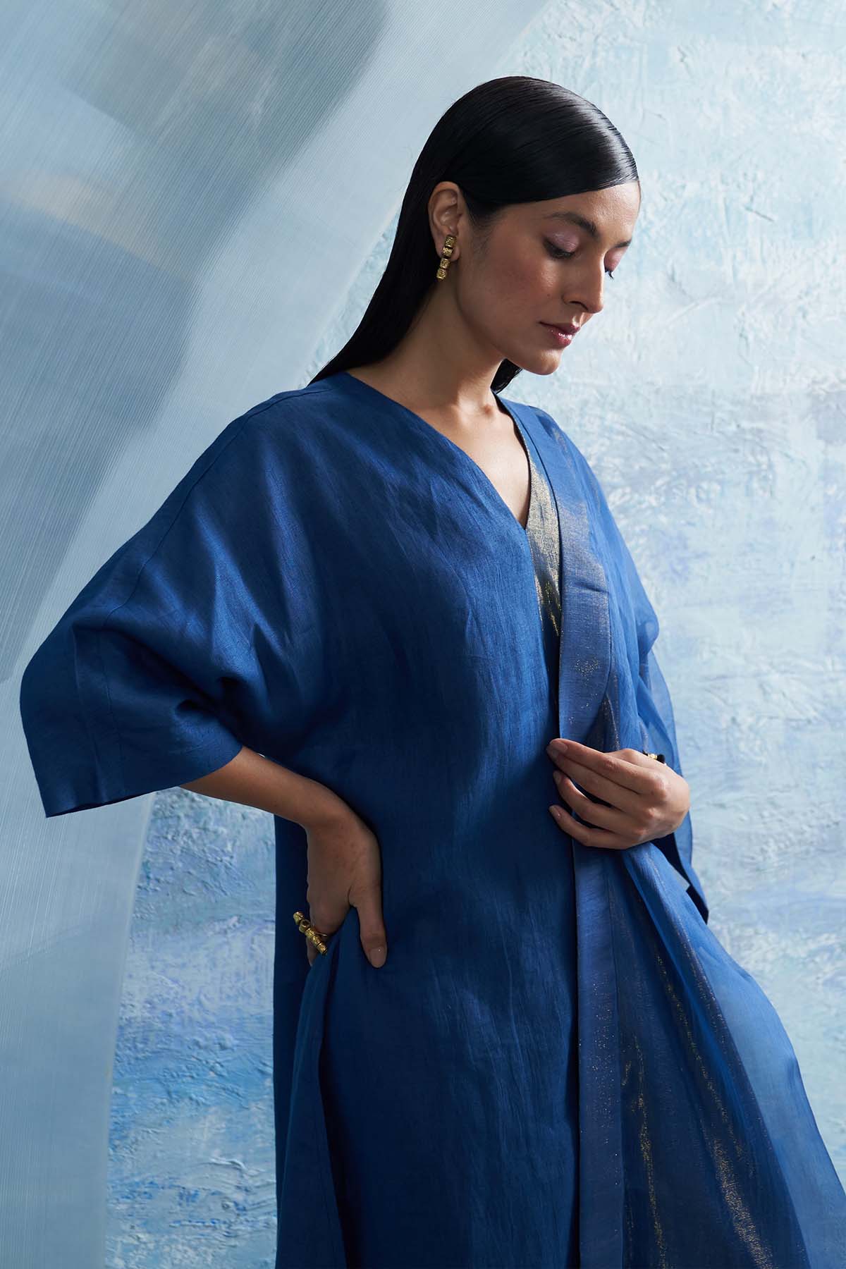 Royal Blue V-Neck Long Kurta Set