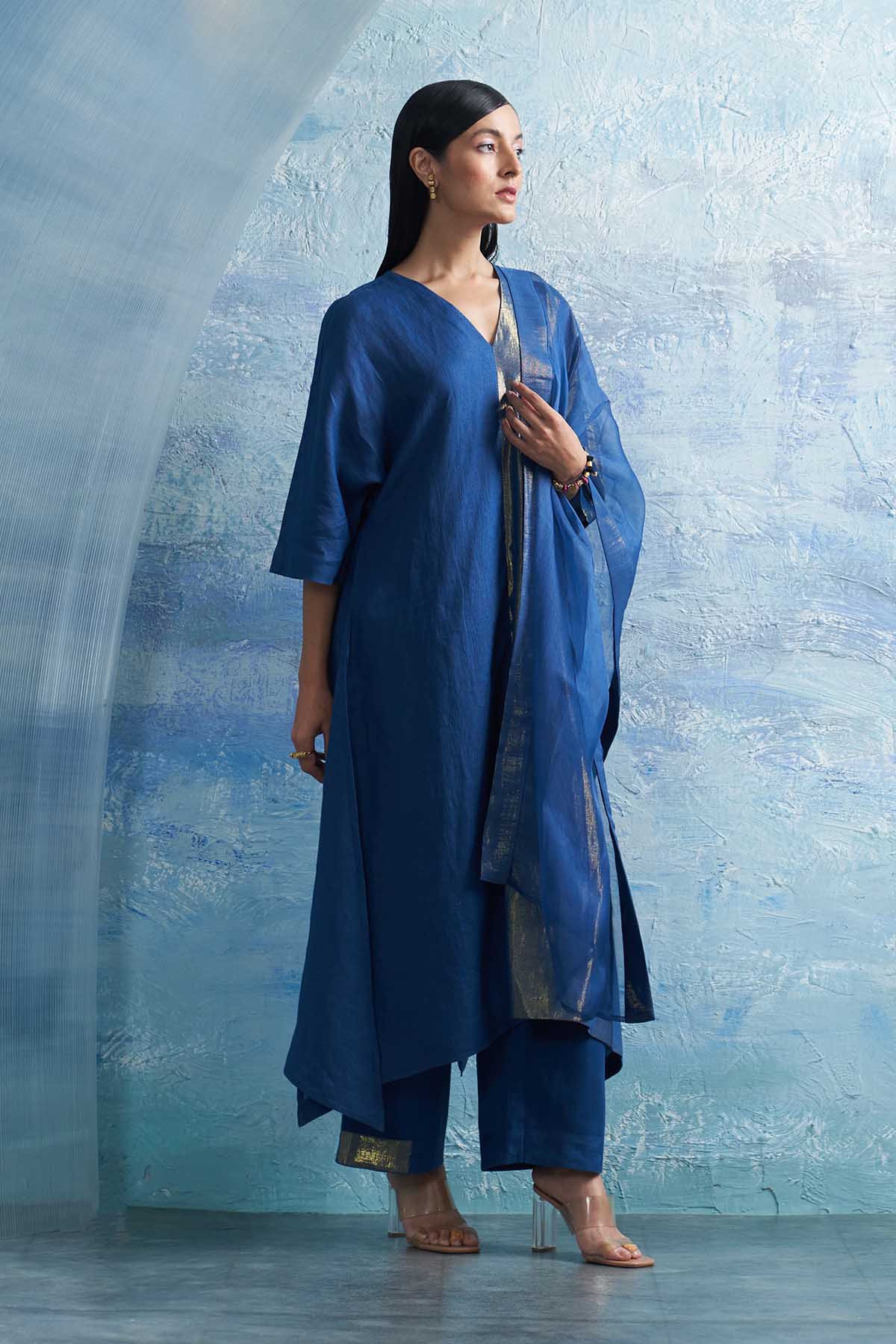 Royal Blue V-Neck Long Kurta Set