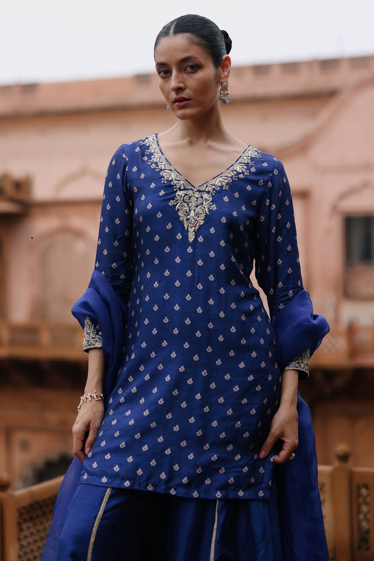 Royal Blue V-Neck Sharara Set